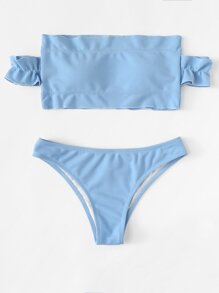 Frill Detail Solid Ribbed Knit Bikini Set