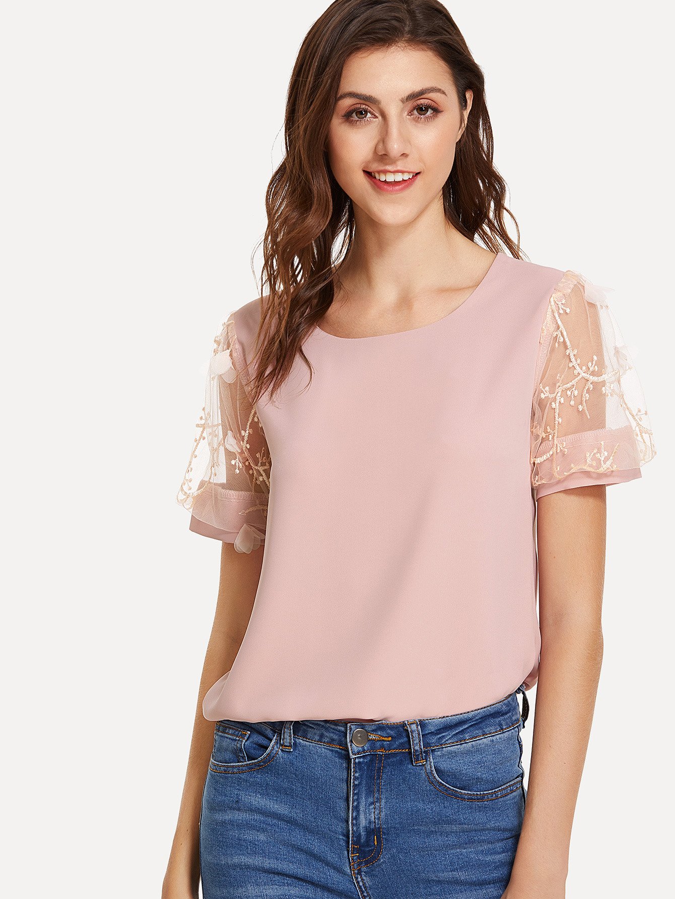 Embroidered Mesh Sleeve Panel Blouse mesh panel sleeve dress