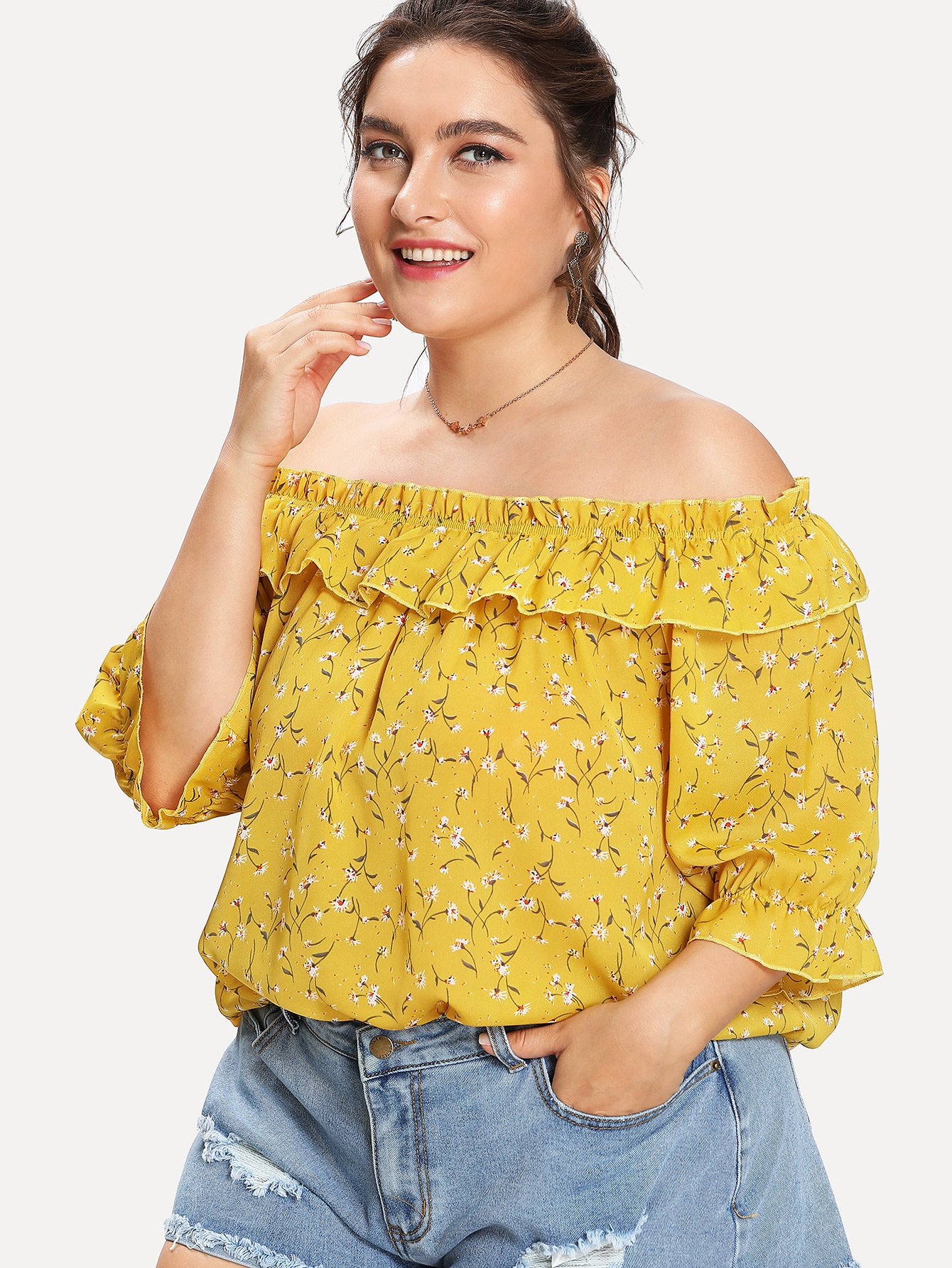 Plus Off Shoulder Calico Print Ruffle Blouse