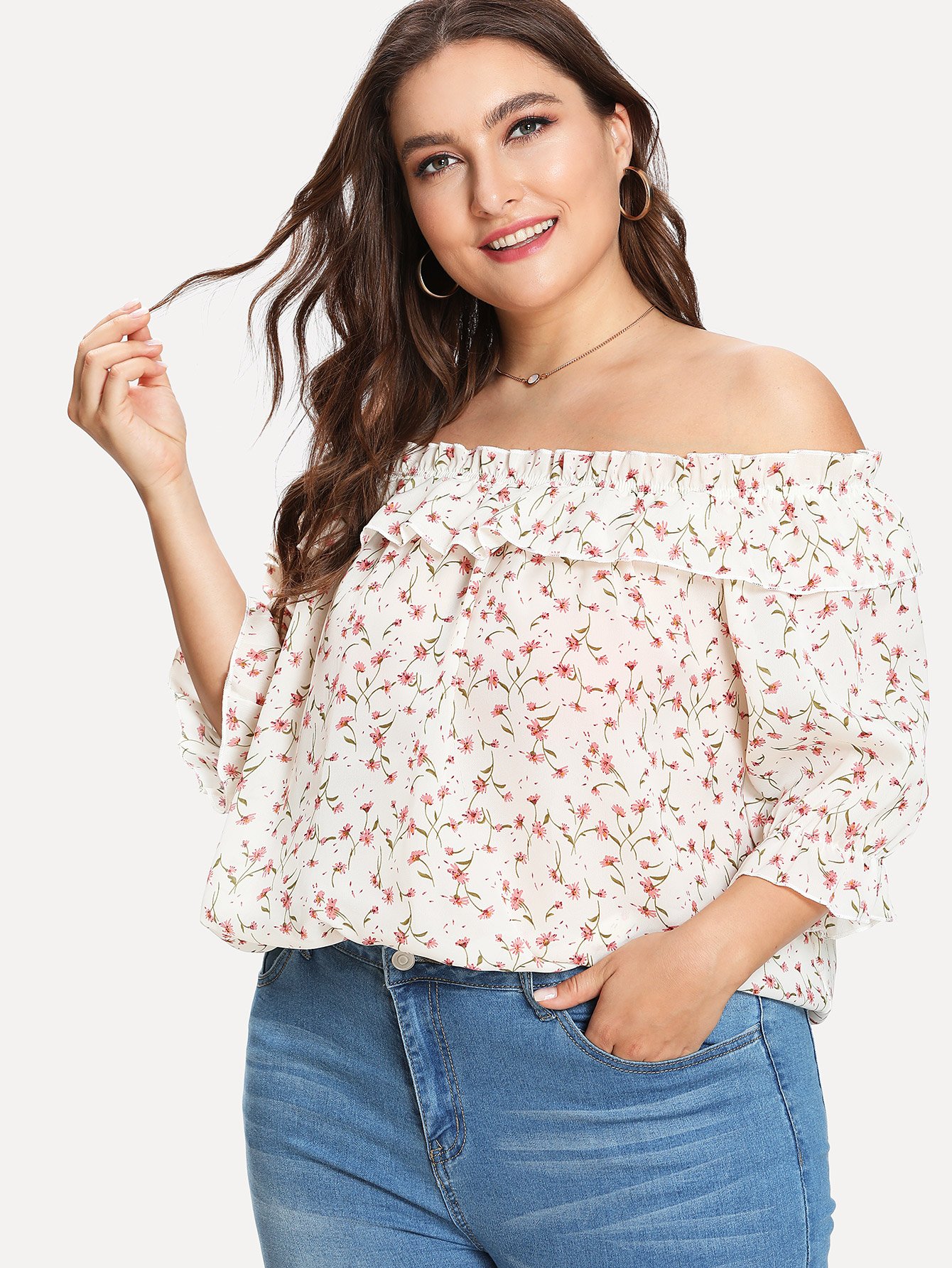 Plus Off Shoulder Calico Print Ruffle Blouse