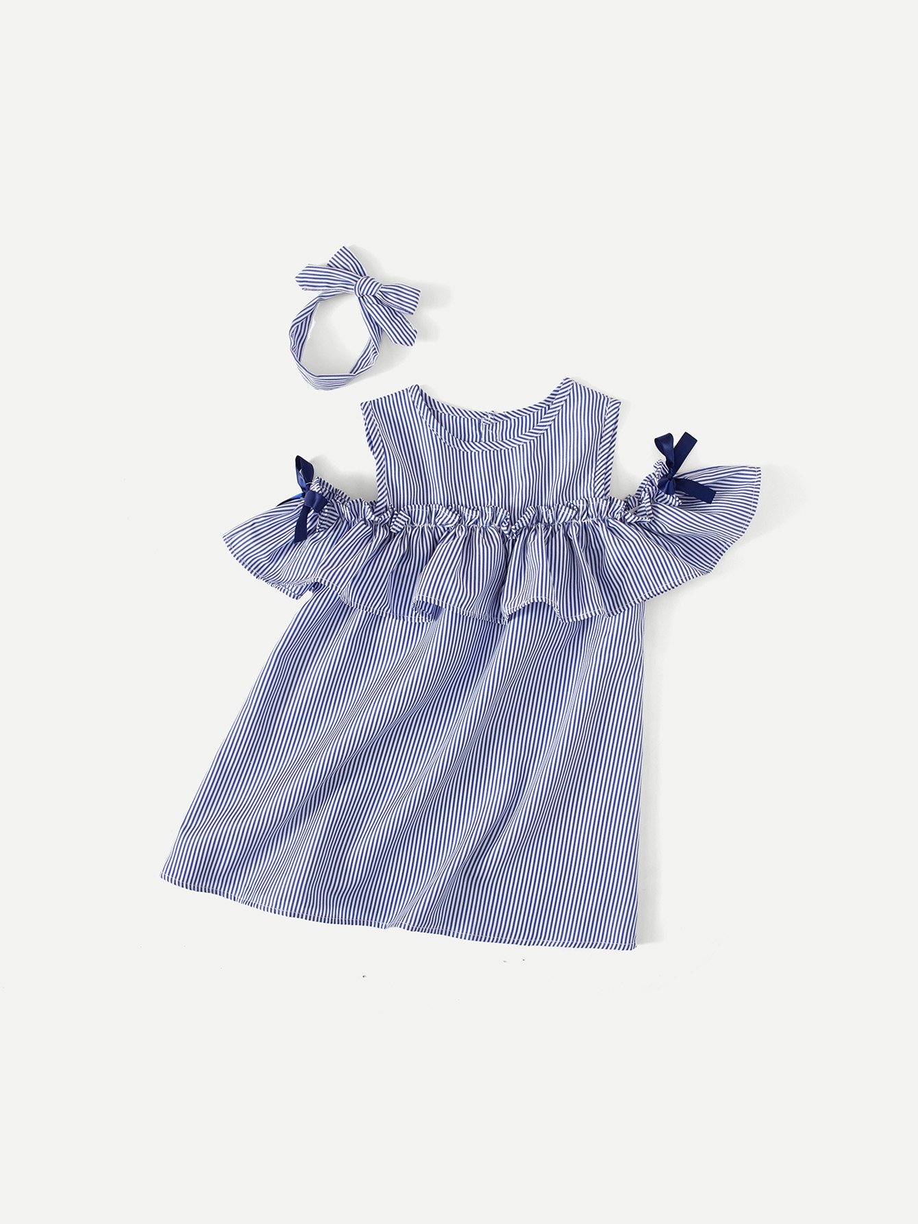 Girls Ruffle Trim Vertical-Striped Dress With Headband