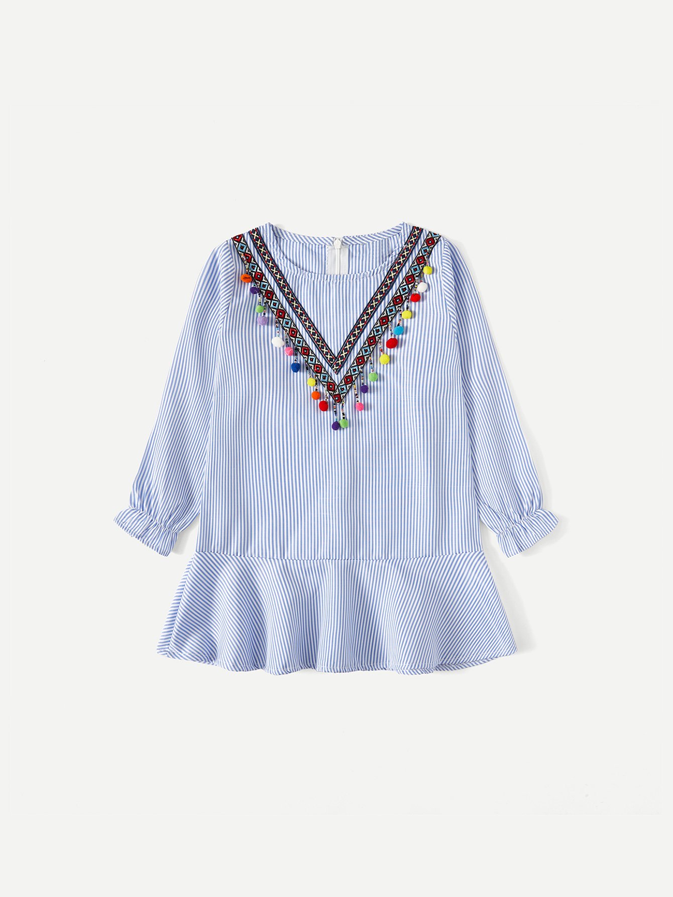 Girls Embroidered Tape Detail Pom Ruffle Dress