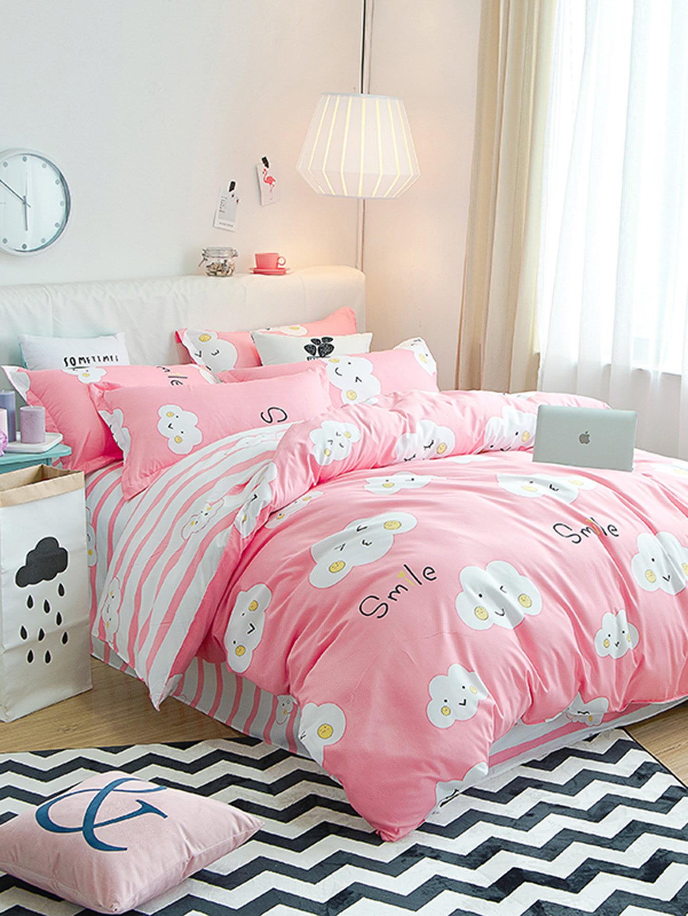 Cloud Print Contrast Striped Bedding Set vertical striped bedding set