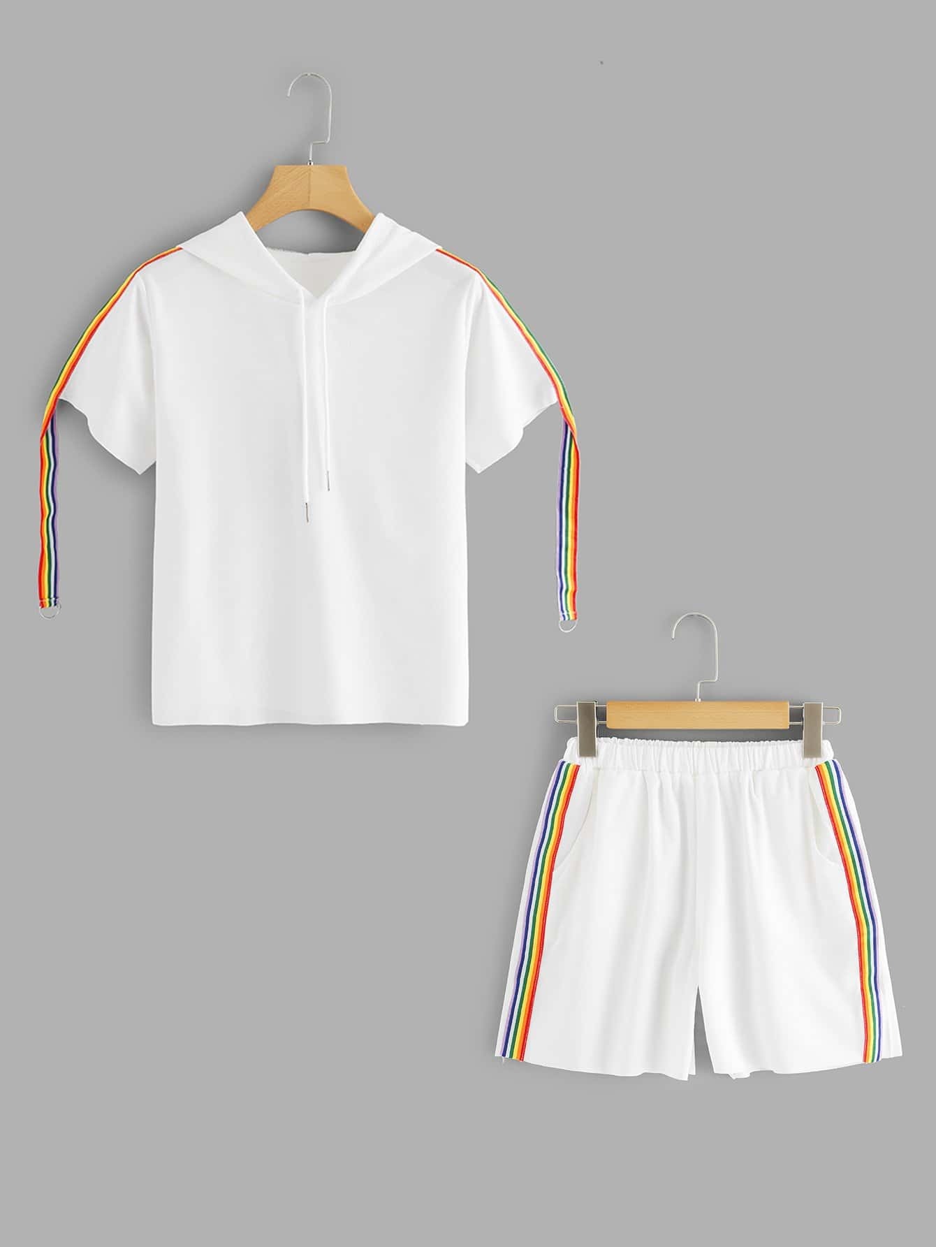 Rainbow Stripe Tape Side Hooded Tee With Shorts
