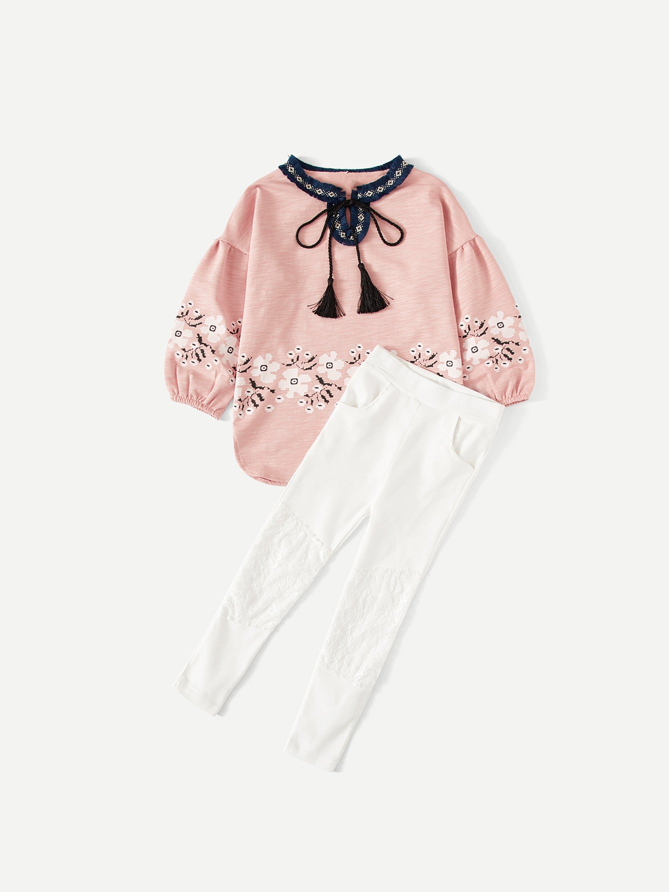 Girls Embroidered Tape Fringe Detail Florals Top With Leggings
