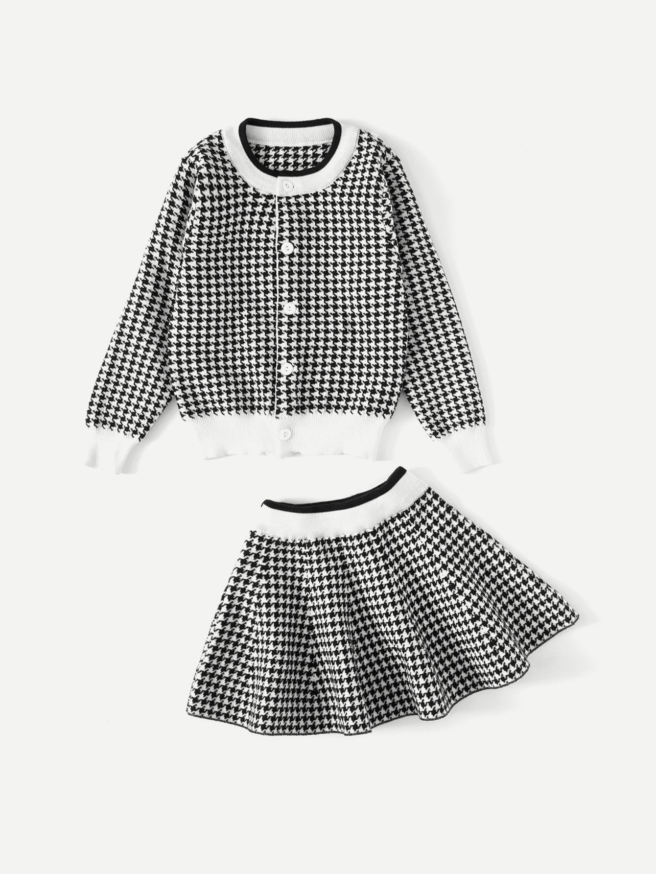 Girls Contrast Trim Houndstooth Jacket With Skirt