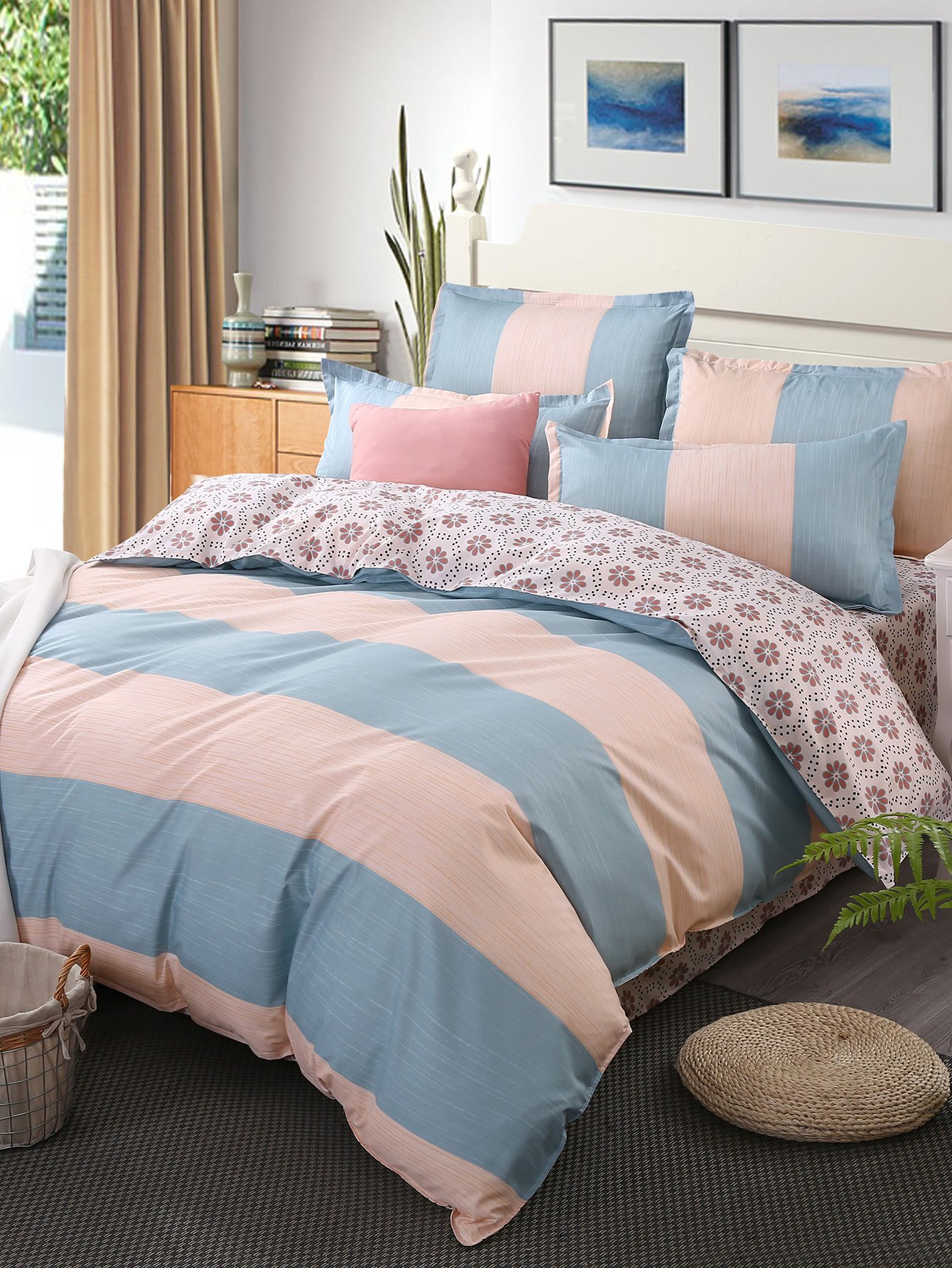 Calico & Striped Print Bedding Set vertical striped bedding set