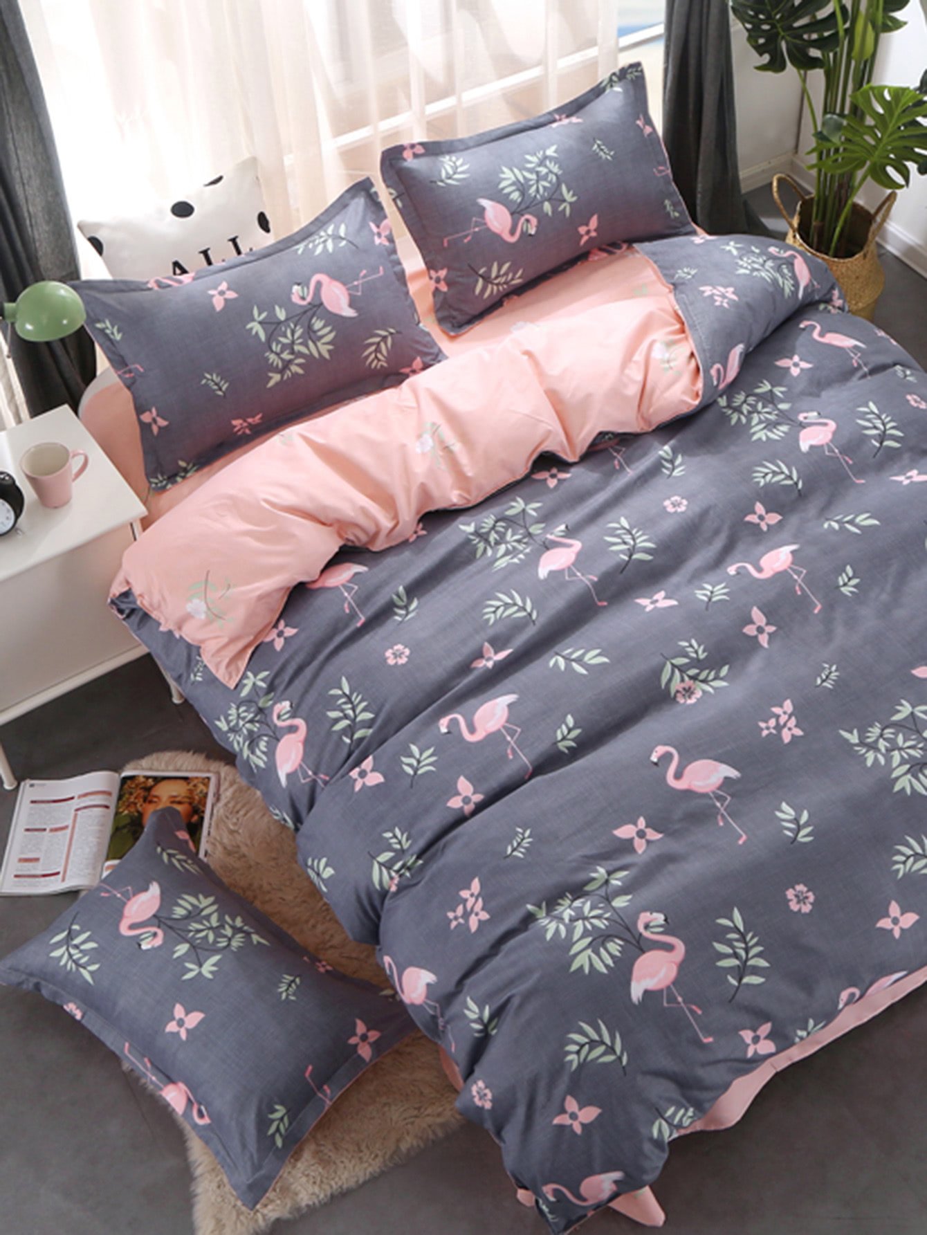 Flamingo & Flower Print Bedding Set flower print bedding set