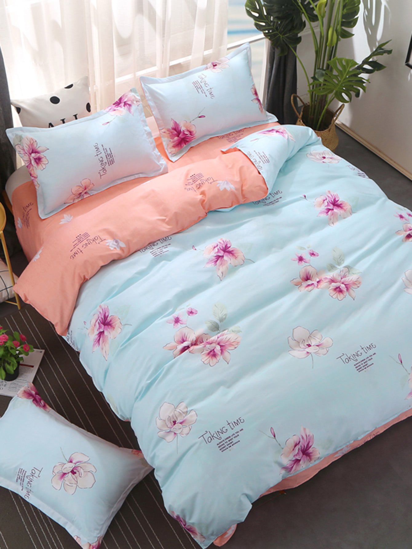Flower & Letter Print Bedding Set flower print bedding set