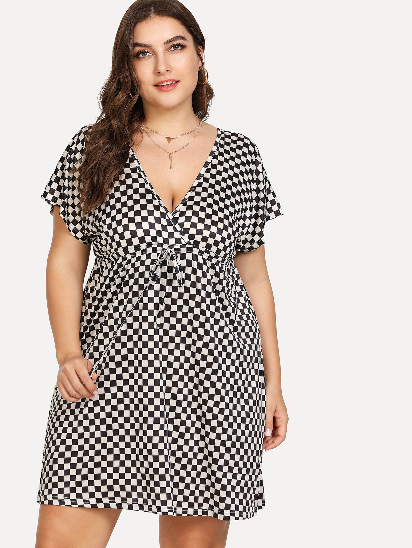 Plus Deep V Neck Drawstring Waist Plaid Dress
