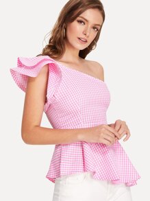 Layered One Shoulder Asymmetric Gingham Peplum Top