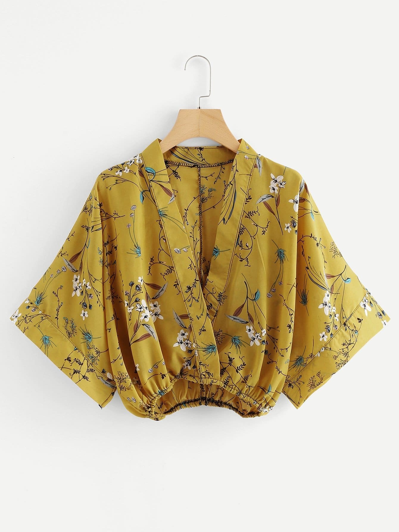 Calico Print Kimono Sleeve Surplice Blouse calico print layered butterfly sleeve blouse