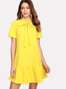 Tied Neck Solid Ruffle Hem Dress