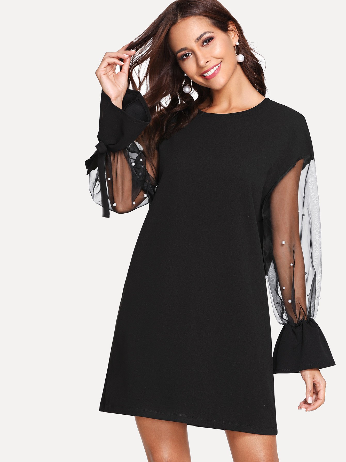 Pearl Embellished Mesh Flounce Sleeve Tunic Dress mesh panel sleeve dress