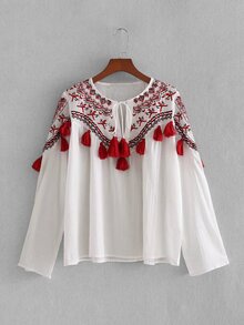 Tassel Trim Geo Embroidered Blouse