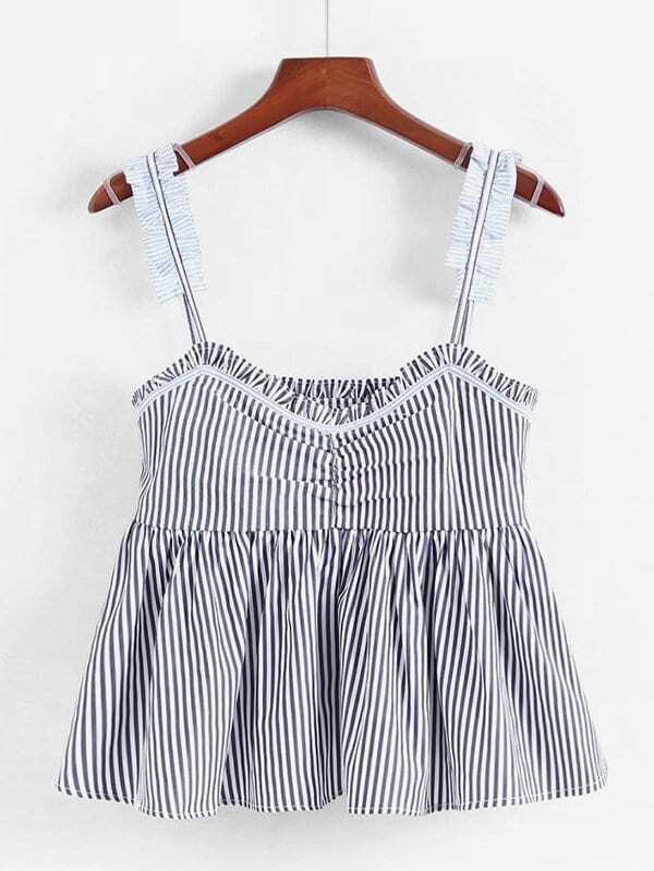Frill Trim Striped Pep Hem Cami Top mesh insert jacquard pep hem top