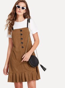 Button Up Front Ruffle Hem Suede Overall Dress