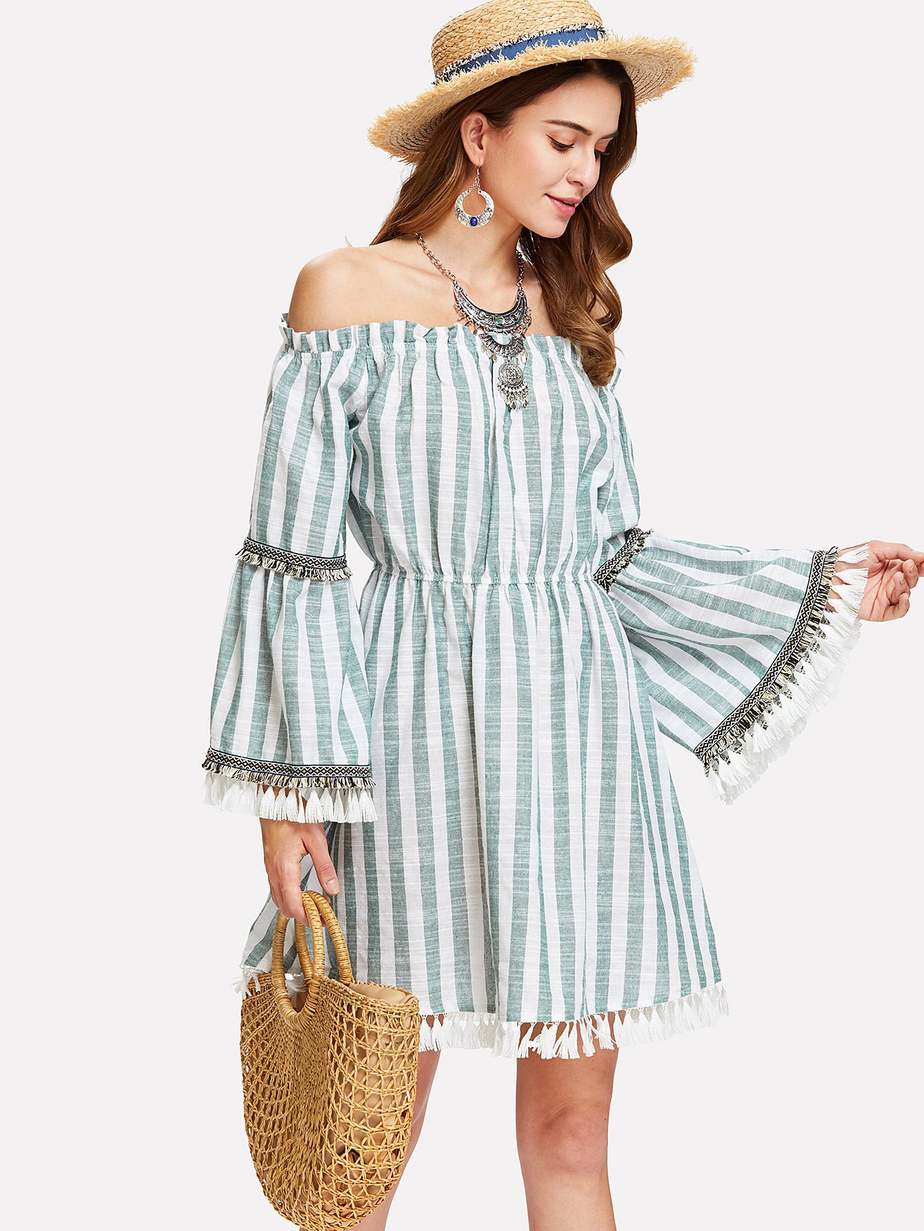 Tassel Accent Bell Sleeve Striped Bardot Dress shirred bardot tiered sleeve striped dress