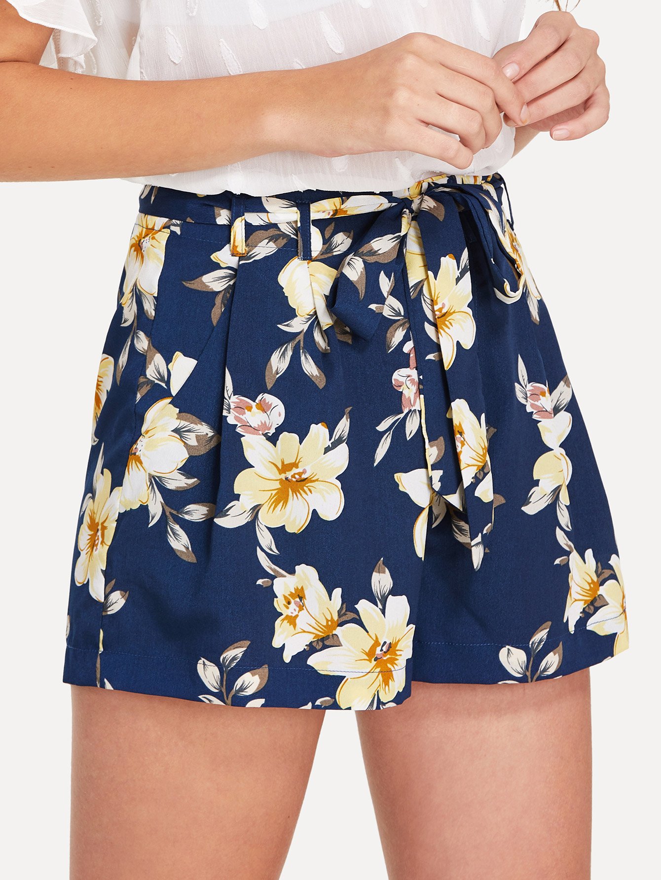 Self Belted Boxed Pleated Floral Shorts self belted boxed pleated shorts