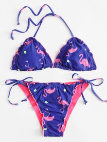 Flamingo Print Self Tie Bikini Set