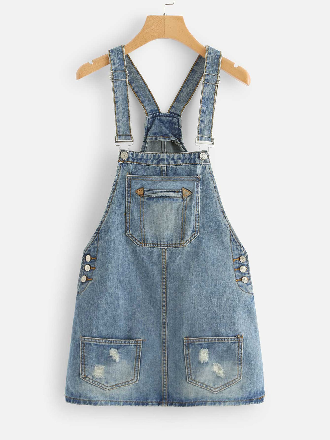 Bleach Wash Pocket Front Ripped Denim Overalls