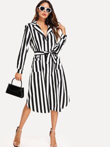 Stripe Contrast Tie Waist Shirt Dress