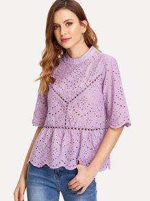 Ruffle Hem Eyelet Embroidered Top