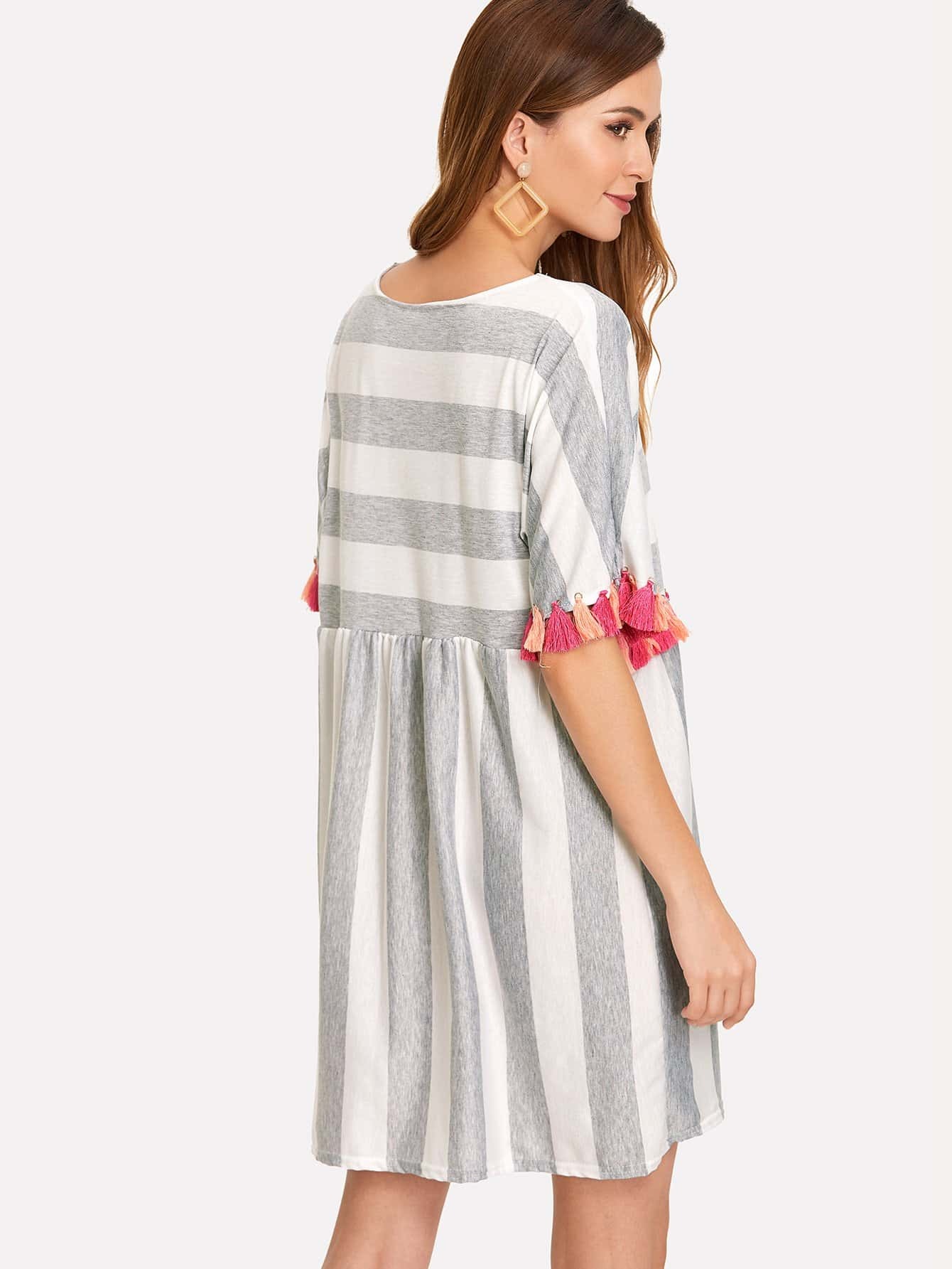 Fringe Trim Striped Dress SHEIN(SHEINSIDE)