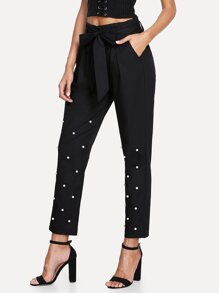 Pearl Beaded Self Tie Waist Pants