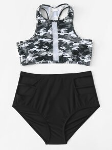 Mesh Panel Camouflage Racer Back Bikini Set