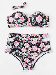 Flower Print Bandeau Bikini Set