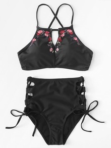 Rose Print Lace Up Bikini Set