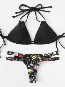 Flower Print Self Tie Bikini Set