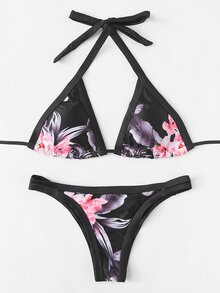Flower Print Triangle Bikini Set