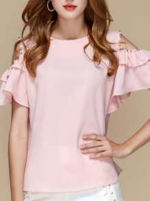 Open Shoulder Flounce Sleeve Blouse