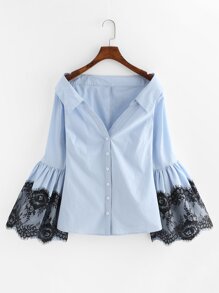 Lace Detail Trumpet Sleeve Bardot Blouse