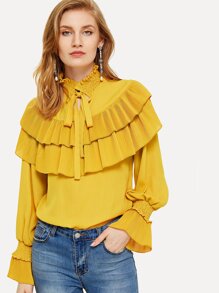 Pleated Ruffle Tiered Tied Neck Solid Blouse