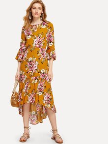 Tie Neck Bell Sleeve Flounce Dip Hem Dress