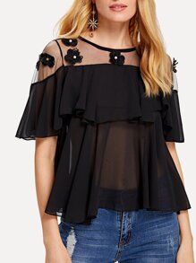 Sheer Mesh Pearls Detail Top