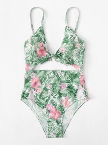 Knot Cutout Tropical Print Swimsuit