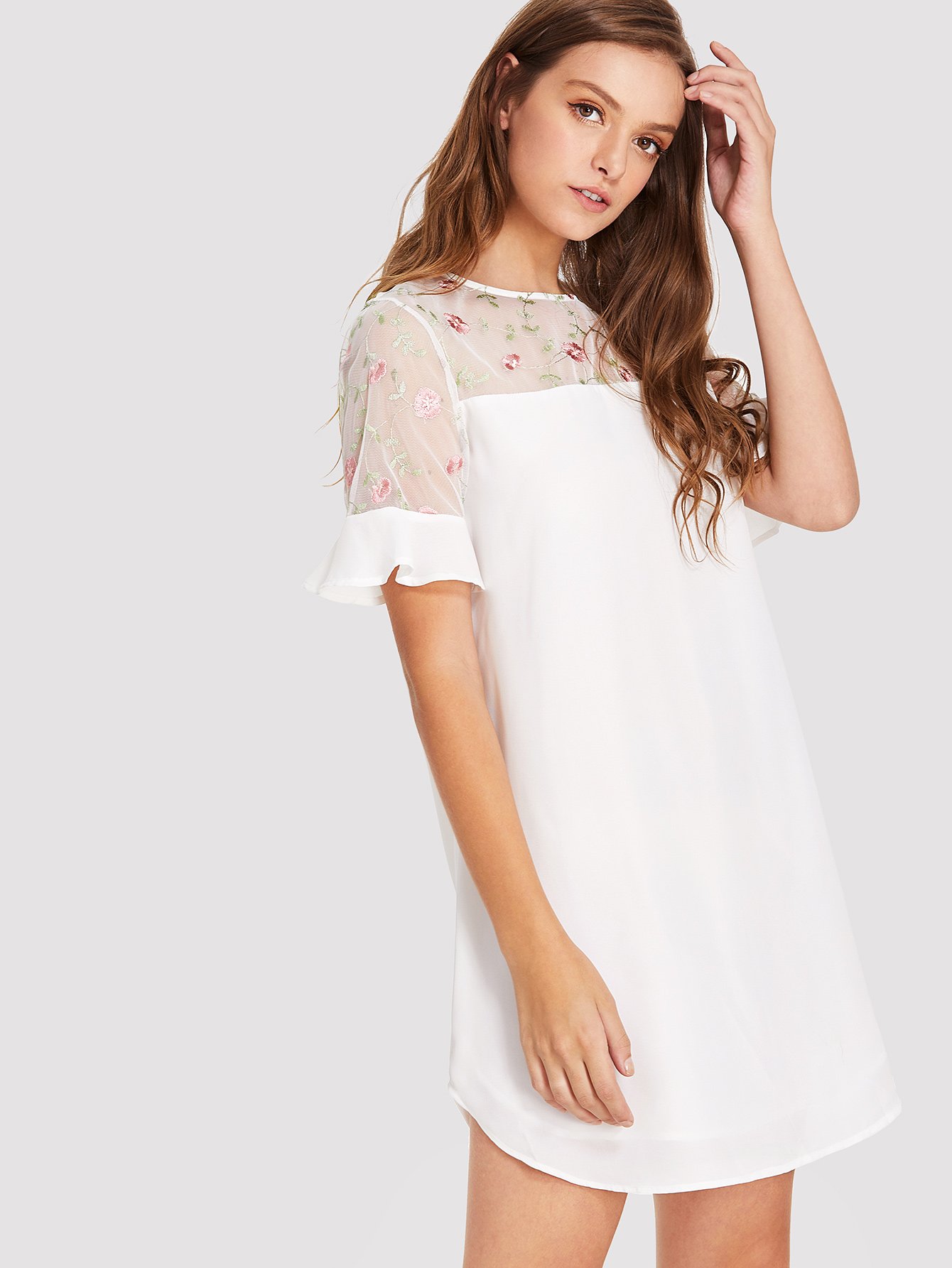 Floral Embroidered Mesh Yoke Ruffle Cuff Dress ruffle mesh panel dress