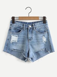Ripped Raw Hem Denim Shorts