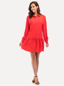 Faux Pearl Beading Ruffle Hem Shirt Dress
