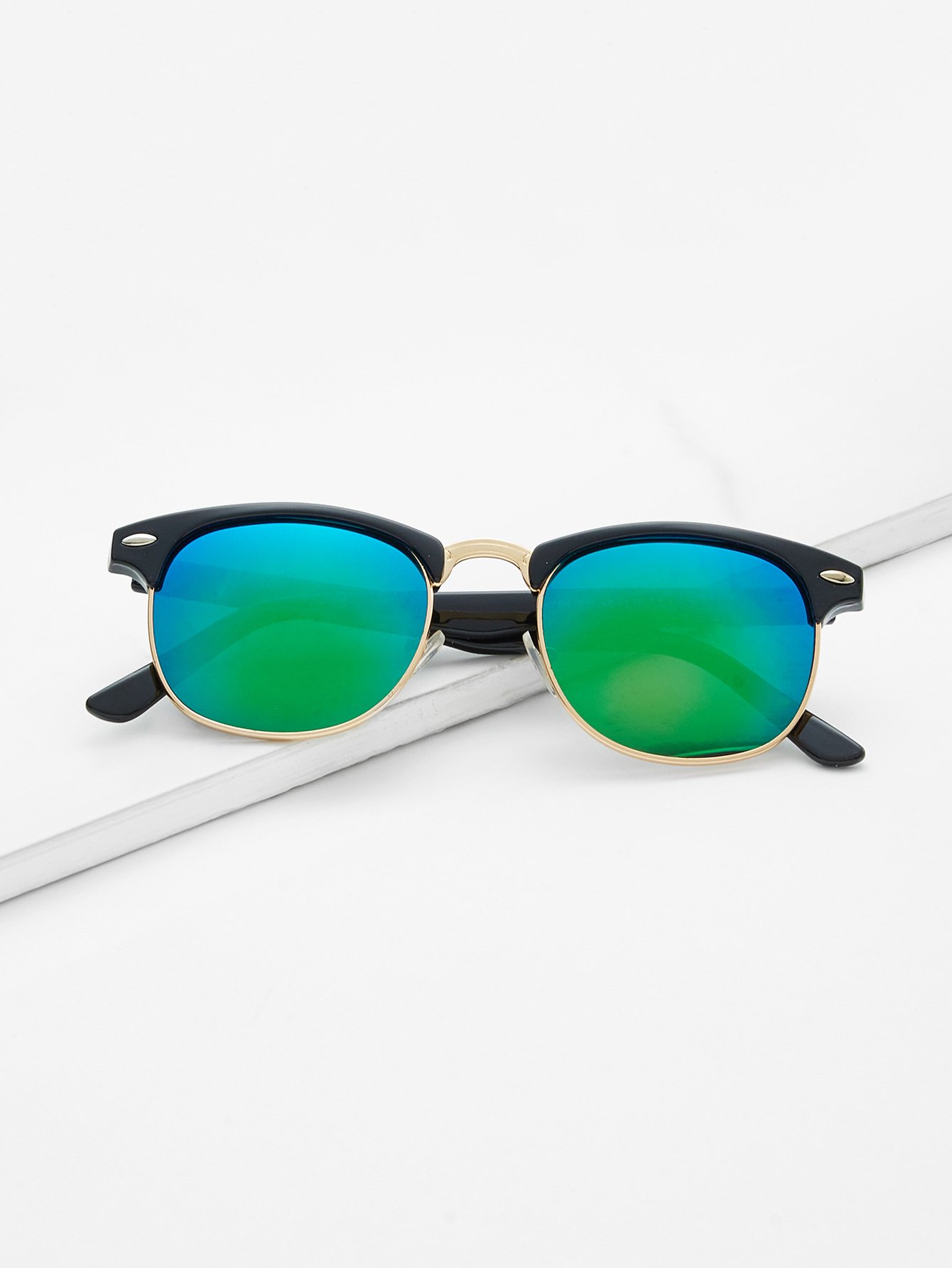 Browline Frame Mirrored Lenses Sunglasses