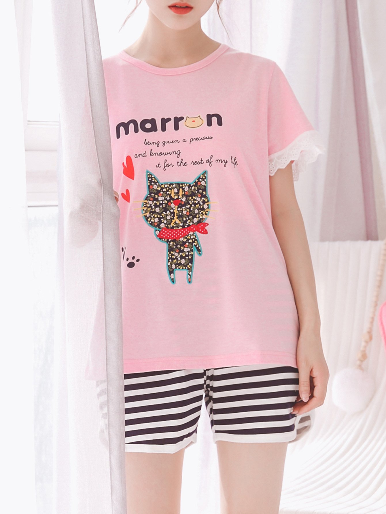 Cat Print Tee & Striped Shorts PJ Set