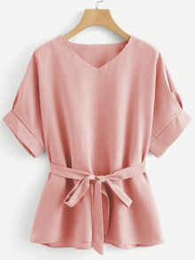V Neckline Self Tie Waist Blouse