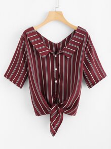 Single Breasted Knot Front Striped Shirt