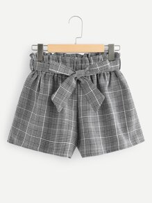 Frill Trim Self Tie Waist Checked Shorts