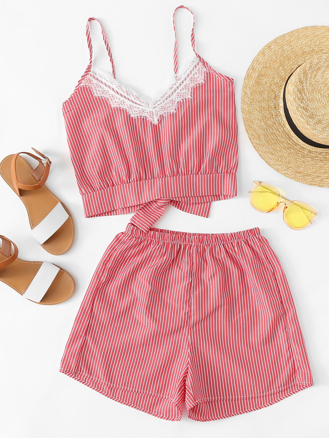 Vertical Striped Knot Back Cami Top With Shorts