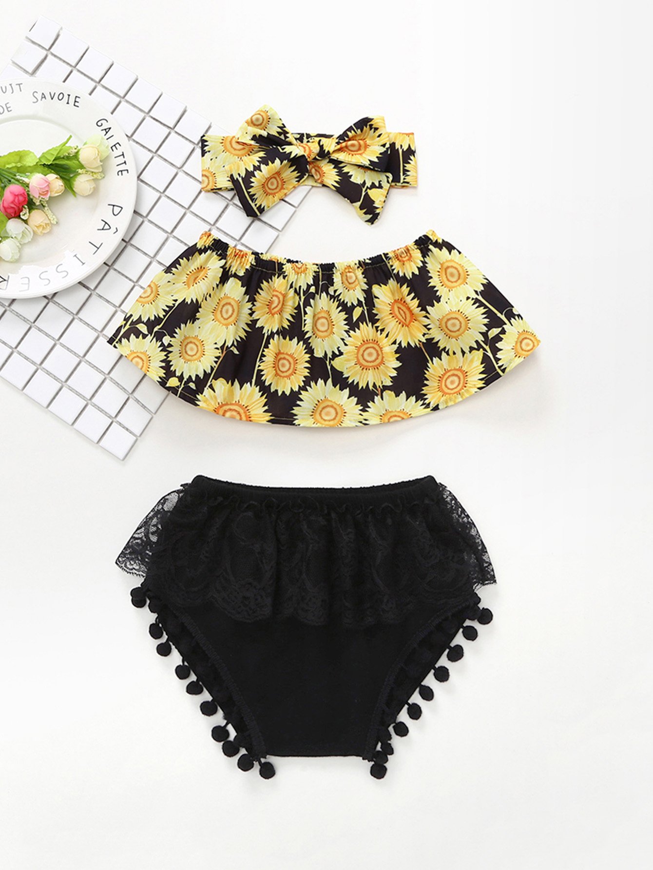 Girls Sunflower Top & Lace Layer Shorts Set